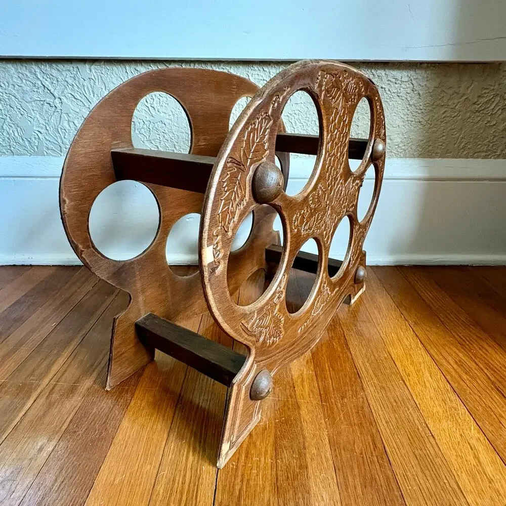Vintage Carved Wood Wine Bottle Holder, Grape Motif Tabletop Wine Rack
